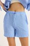 Blue Seersucker Fabric High Waist Elastic Flexible Textured Comfortable Cut Shorts with Tie Detail