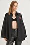 Black Cotton Blend Shirt with Collar, Oversized Cut, Heart Embroidery Detail, Basic Shirt