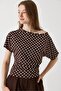 Brown Polka Dot Degaje Collar Short Sleeve Gathered Waist Comfortable Form Woven Blouse - 2
