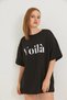 Black Cotton Crew Neck Drop Shoulder Oversize Two Thread Printed T-Shirt - 2