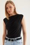 Black Stretchy Textured Boat Neck Sleeveless Slim Fit Knitted Blouse with Cross Gather Detail - 2