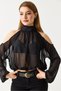 Black Stretchy Fabric Halter Neckline Fully Transparent Off-The-Shoulder Standard Fit Blouse