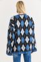 Navy Blue Flexible Fuzzy Textured Crew Neck Oversize Diamond Pattern Knitted Sweater - 6