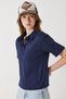 Navy Blue Cotton Flexible Ribbed Fabric Polo Collar Padded Short Sleeve Buttoned Form T-Shirt - 3