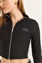 Black Stretchy Fabric High Neck Long Sleeve Crop Form Full Length Zipper Detailed Knitted Blouse - 4