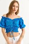 Blue Cotton Madonna Collar Short Sleeve Crop Blouse with Gathered Front and Waist Tie Detail - 3
