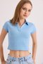 Blue Knitted Camisole Fabric Polo Collar Short Sleeve Basic Fit Slim Fit Crop Blouse - 5
