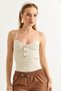 Beige Knitwear Textured Rope Strap V-Neck Ribbed Knitted Form Openwork Detailed Buttoned Blouse