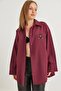 Burgundy Cotton Blend Fabric Off-Shoulder Oversized Teddy Bear Embroidered Buttoned Basic Shirt - 2