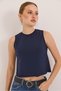 Navy Blue Cotton Round Neck Zero Sleeve Cool Form Short Cut Crop T-Shirt - 4