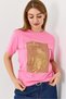 Pink Cotton Woven Crew Neck Short Sleeve Standard Cut Palm Tree Shiny Print T-Shirt - 3