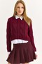 Burgundy Knitted Textured Crew Neck Long Sleeve Crop Form Garnished Shirt Detailed Sweater