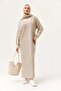 Gray Cotton Half Zipper High Neck Long Sleeve Horizontal Striped Relaxed Fit Knitted Dress - 3