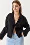 Black Fine Textured Long Sleeve Relaxed Fit Summer Crop Jacket with Front Tie Detail