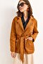 Tan Suede Textured Cotton Waist-Tied Long Sleeve Jacket with Buttoned Pockets - 2