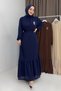 Navy Blue Stretchy Textured High Neck Ruffle Detailed Brooched Skirt Ruffled Hijab Dress