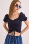 Navy Blue Cotton Blend Princess Sleeve Square Neck Front Gathered Slim Fit Patterned Blouse - 5