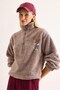 Light Brown Welsoft Soft Textured Stand Collar Zipper Detailed Embroidered Sweatshirt - 3
