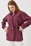 Burgundy Stretch Fabric Shirt with Collar, Long Sleeves, Low Shoulder, Self-Belt Detail - 3