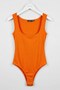 Orange Camisole Stretchy Textured Square Neckline Snap Fasteners at the Bottom Detailed Ribbed Bodysuit - 3