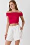 Ecru Cotton Elastic Waist Two-Thread Fabric Embroidered Print Detailed Relaxed Cut Shorts