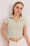 Green Knitted Camisole Fabric Polo Collar Short Sleeve Basic Fit Slim Fit Crop Blouse - 5