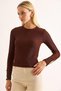 Brown Corded Stretchy Textured Crew Neck Long Sleeve Blouse with Button Detail at Ankle - 2