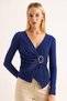 Navy Blue Corded Stretchy Textured Long Sleeve Double Breasted Collar Knitted Blouse with Side Metal Buckle Detail - 2