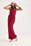Burgundy Modal Fabric Thin Straps Waist Belted Side Pockets Relaxed Fit Patterned Jumpsuit - 4