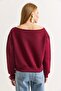 Burgundy Three-Threaded Ribbed Boat Neck Long Sleeve Ribbed Detailed Relaxed Fit Sweatshirt - 4