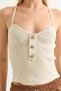 Beige Knitwear Textured Rope Strap V-Neck Ribbed Knitted Form Openwork Detailed Buttoned Blouse - 3