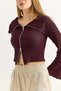 Burgundy Stretchy Wrinkled Fabric Madonna Collar Double Zipper Detailed Long Sleeve Blouse - 3