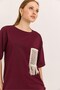 Burgundy Soft Textured Crew Neck Fit Cut Straw Knit Pocket Short Sleeve Cotton T-Shirt - 3