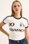 White Cotton Blend Crew Neck Short Sleeve Crop Form Front Printed T-Shirt