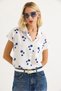 White Blue Linen Fabric Half Sleeve Buttoned Single Pocket Floral Pattern Classic Collar Shirt - 2