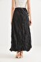 Black Viscose Fabric, Elastic Waist, Comfortable Cut, Wrinkled Textured Long Skirt - 5