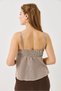 Brown Linen Look Stretchy Fabric Strappy Plaid Blouse with Big Bow Detail - 5