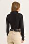 Black Stretchy Fabric High Neck Long Sleeve Crop Form Full Length Zipper Detailed Knitted Blouse - 5