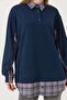 Navy Blue Cotton Woven Shirt Collar Long Sleeve Relaxed Fit Plaid Detailed Buttoned Tunic - 4
