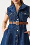 Navy Blue Denim Fabric Sleeveless Front Buttoned Belted Comfortable Fit Casual Dress - 3