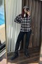 Navy Blue Soft Textured Stretch Fabric Off-Shoulder Oversized Double Pocket Plaid Shirt - 2