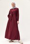 Burgundy Cotton Lycra Wrinkled Textured Shirt Collar Waist Tunnel Tie Detail Dress - 4