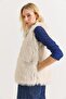Beige Faux Fur Textured Sleeveless Shiny Polyester Fabric Soft Formed Comfortable Cut Vest - 4