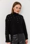 Black Stretchy Knitwear Fabric Turtleneck Long Sleeve Knitted Sweater with Stone and Pearl Detail