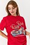 Red Stretchy Textured Crew Neck Short Sleeve Standard Cut Motor Printed Knitted T-Shirt - 3