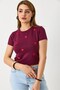 Burgundy Cotton Flexible Textured Crew Neck Short Sleeve Red Heart Printed Crop T-Shirt - 2