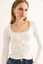 White Cotton Blend Twill Fabric Square Collar Long Sleeve Button Detailed Slim Fit Blouse