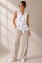 White Viscose Fabric Double-Breasted Collar, Belted Waist, Gathered Detail, Sleeveless Form Shirt - 2