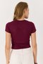 Burgundy Stretchy Textured Crew Neck Short Sleeve Crop Form Knitted Blouse with Stone Detail - 4