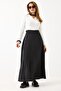 Black Woven Fabric Flexible Elastic Waist Comfortable Cut Long Skirt with Side Pockets - 2